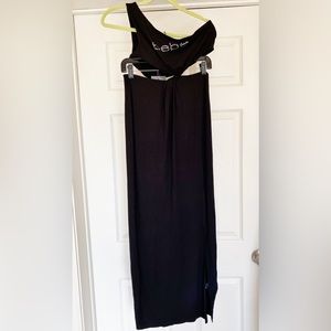 NWT bebe Twist Detailing Asymmetric Maxi Dress with Rhinestone Logo in Size M